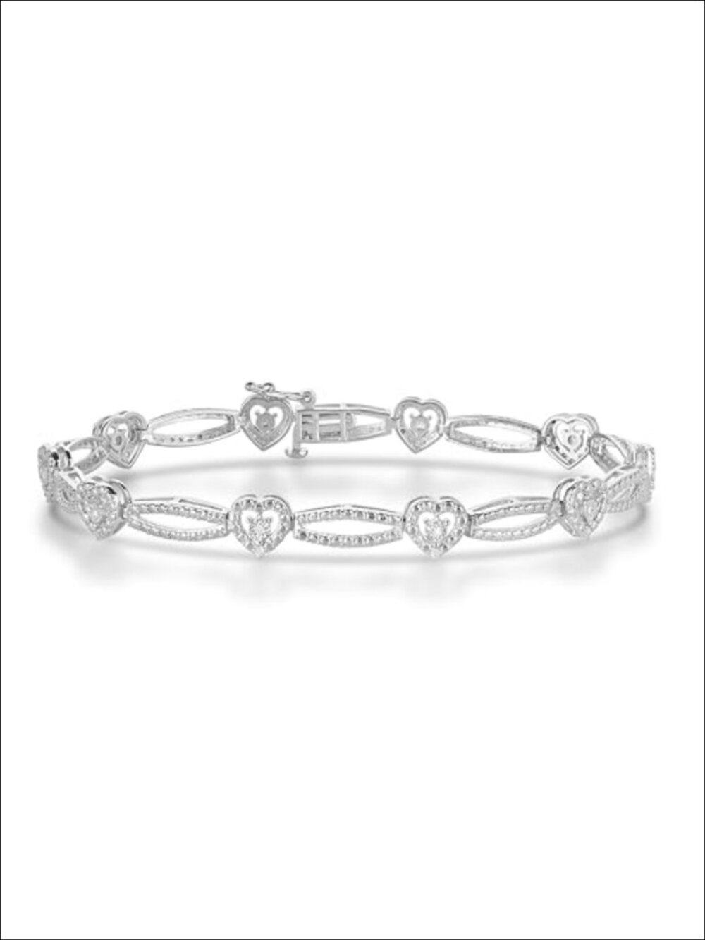1/10 Cttw Natural Diamond Tennis Bracelet Heart Link Rhodium Plated Sterling